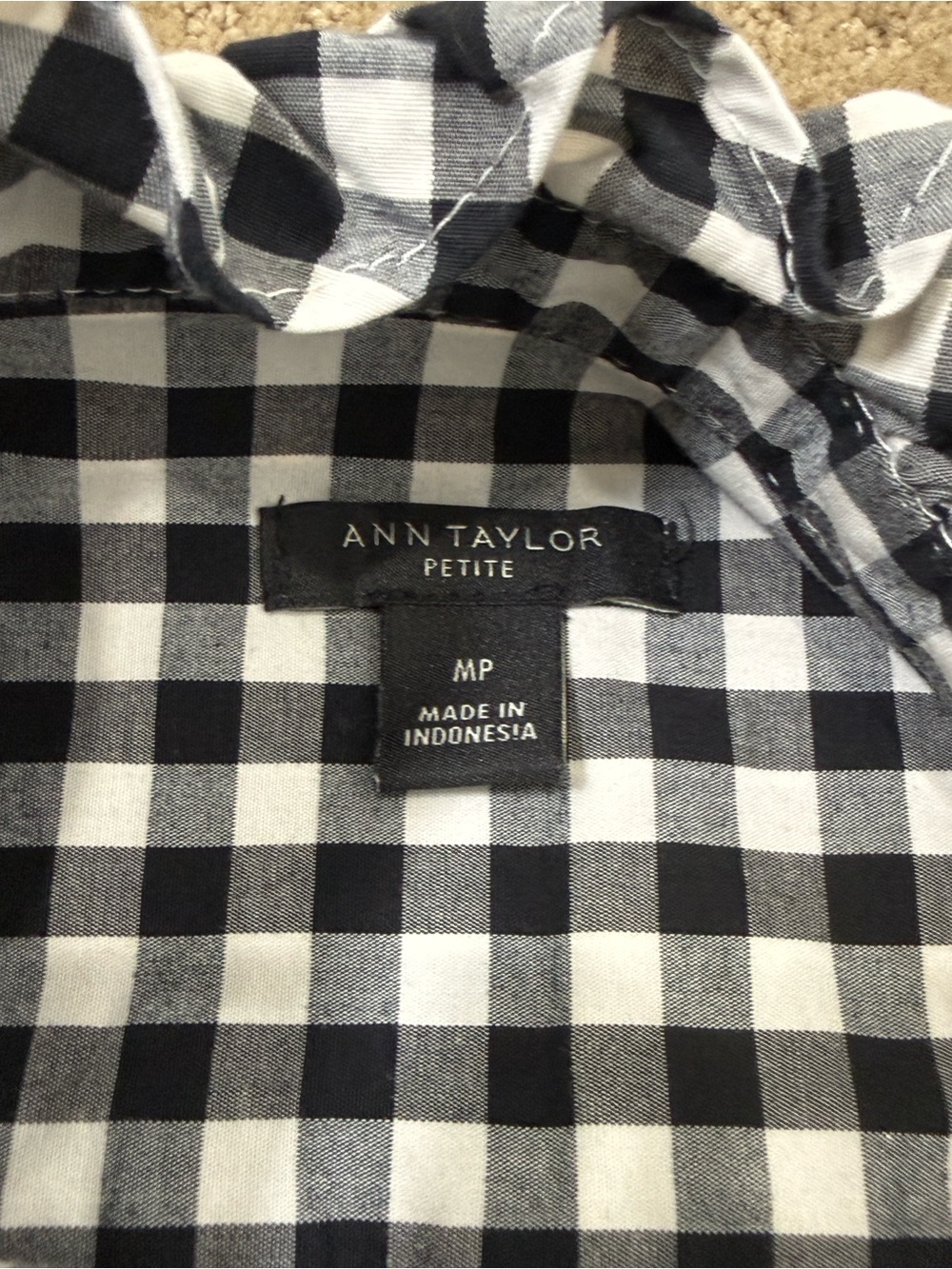 Ann Taylor Petite Black and White Gingham Ruffle Collar Button-Down Shirt - Picture 2 of 10